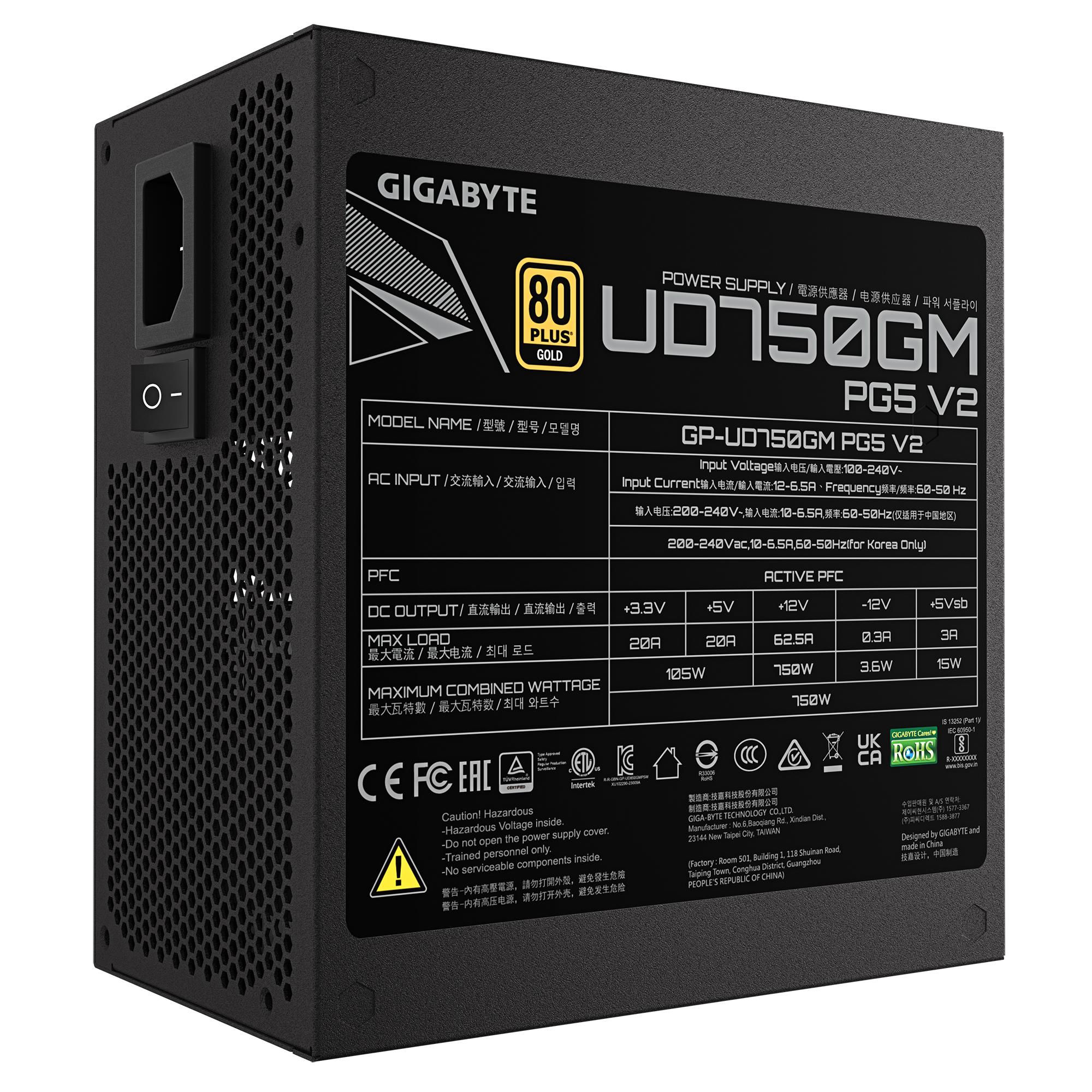 Power Supply GIGABYTE UD750GM PG5 V2 ATX 3.1 750 Watts Efficiency 80 PLUS GOLD PFC Active MTBF 100000 hours GP-UD750GMPG5V2
