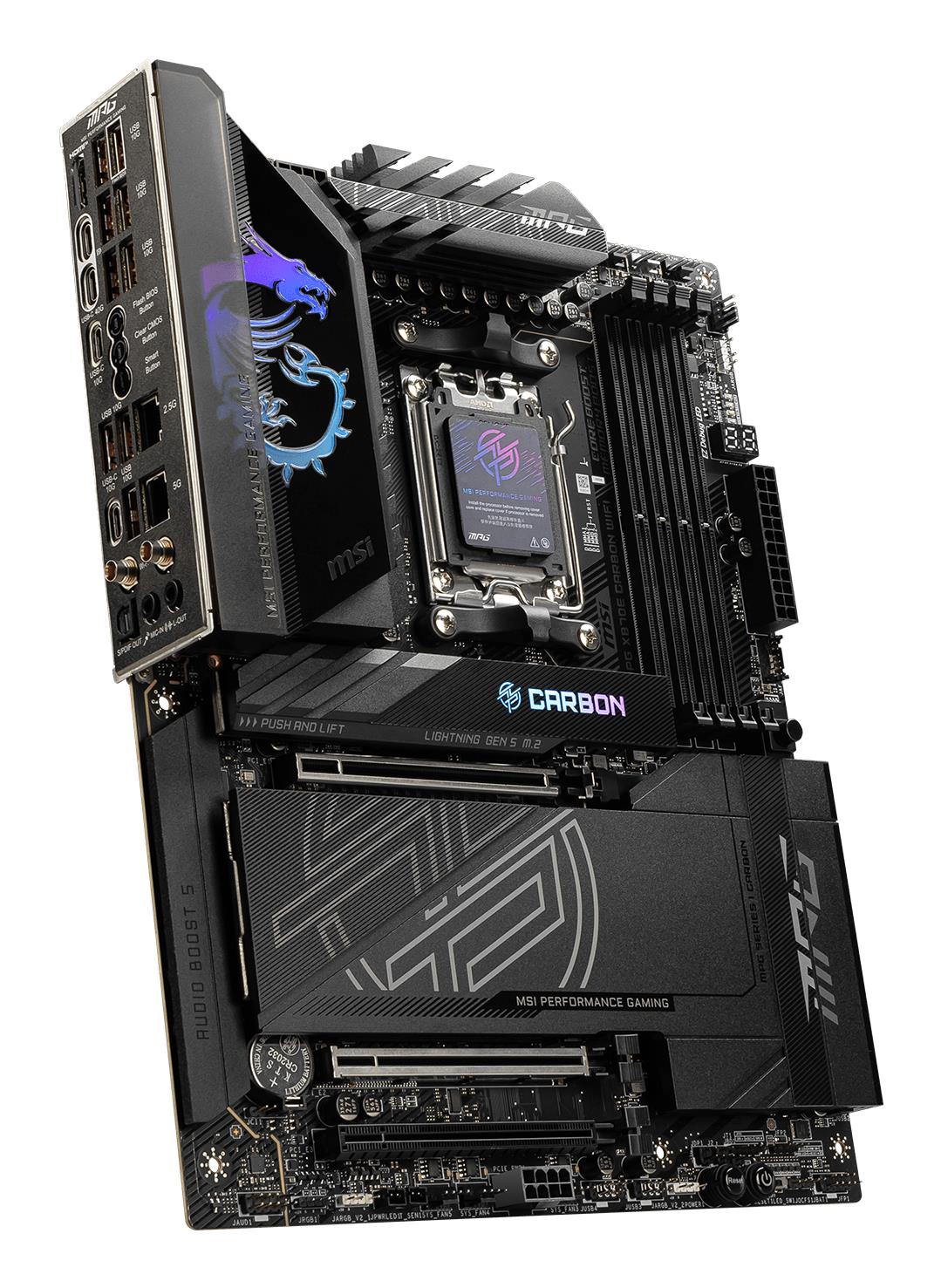 Mainboard MSI AMD X870E SAM5 ATX Memory DDR5 Memory slots 4 3xPCI-Express 16x 1xPCI-Express 4.0 4x 1xPCI-Express 5.0 4x 1xPCI-Express 5.0 16x 4xM.2 4xUSB 2.0 4xUSB 3.2 3xUSB-C 1xOptical S/PDIF 2xRJ45 2xAudio port MPGX870ECARBONWIFI