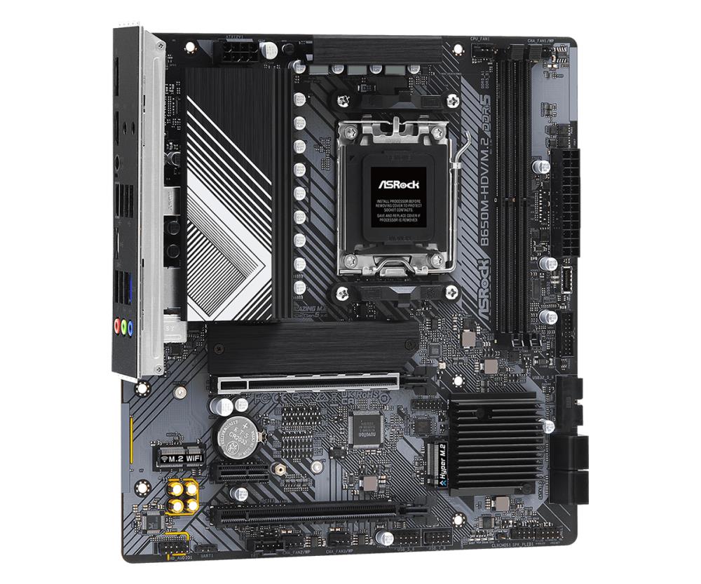 Mainboard ASROCK AMD B650 SAM5 Micro-ATX Memory DDR5 Memory slots 2 1xPCI-Express 4.0 1x 2xPCI-Express 4.0 16x 1xM.2 1xHDMI 1xDisplayPort 1xAudio-In 1xAudio-Out 1xMicrophone 4xUSB 2.0 2xUSB 3.2 1xUSB-C 1xRJ45 B650M-HDV/M.2