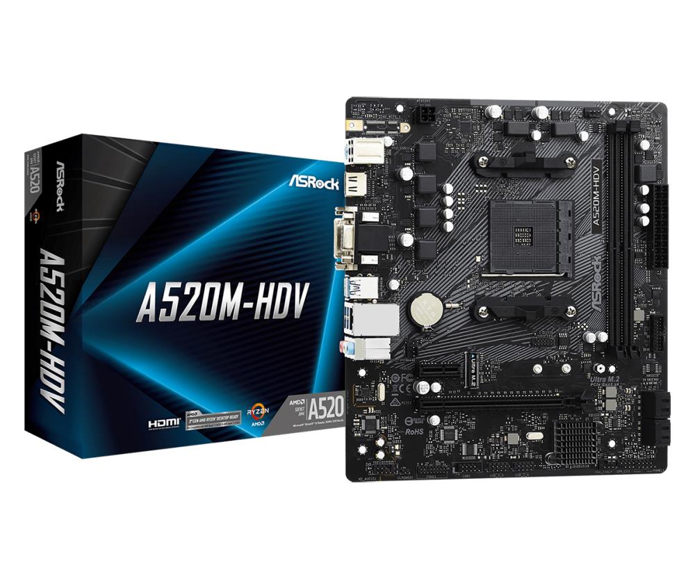 Mainboard ASROCK AMD A520 SAM4 Micro-ATX Memory DDR4 Memory slots 2 1xPCI-Express 3.0 1x 1xPCI-Express 3.0 16x 1xM.2 1x15pin D-sub 1xDVI-D 1xHDMI 2xAudio-In 1xAudio-Out 2xUSB 2.0 4xUSB 3.2 1xPS/2 1xRJ45 A520M-HDV