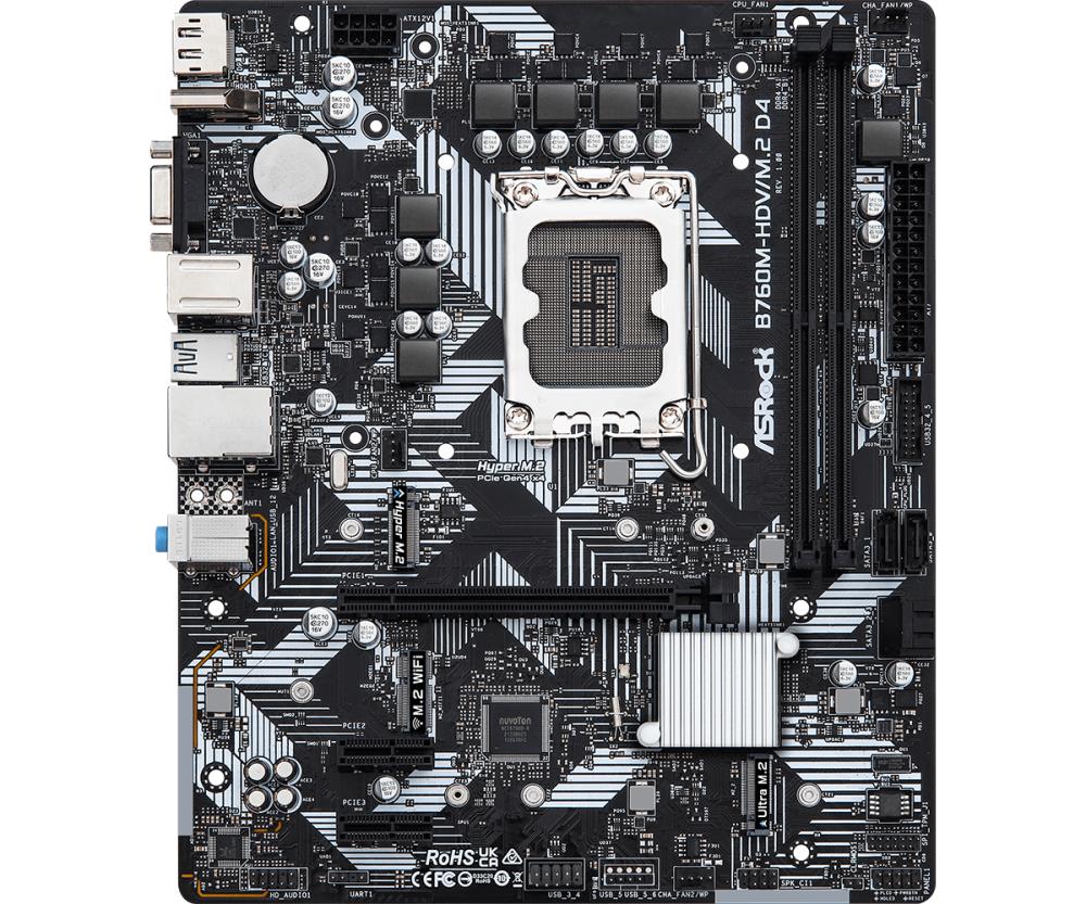 Mainboard ASROCK Intel B760 Express LGA1700 Micro-ATX Memory DDR4 Memory slots 2 2xPCI-Express 3.0 1x 1xPCI-Express 4.0 16x 2xM.2 1x15pin D-sub 1xHDMI 1xDisplayPort 2xUSB 2.0 3xUSB 3.2 1xUSB-C 1xPS/2 1xRJ45 3xAudio port B760M-HDV/M.2D4