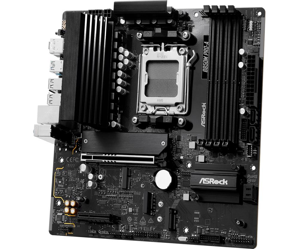 Mainboard ASROCK AMD B850 SAM5 Micro-ATX Memory DDR5 Memory slots 4 1xPCI-Express 4.0 4x 1xPCI-Express 5.0 16x 1xM.2 1xHDMI 1xDisplayPort 1xAudio-In 1xAudio-Out 1xMicrophone 4xUSB 2.0 3xUSB 3.2 1xUSB-C 1xRJ45 B850MPRO-A