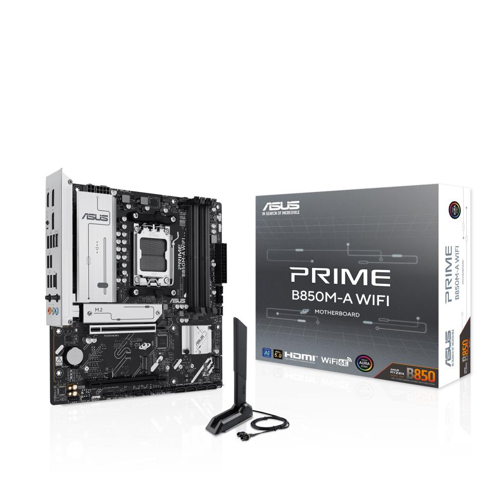 Mainboard ASUS AMD B850 SAM5 Micro-ATX Memory DDR5 Memory slots 4 1xPCI-Express 4.0 16x 1xPCI-Express 5.0 16x 3xM.2 1xHDMI 2xDisplayPort 4xUSB 2.0 4xUSB 3.2 1xRJ45 3xAudio port PRIMEB850M-AWIFI