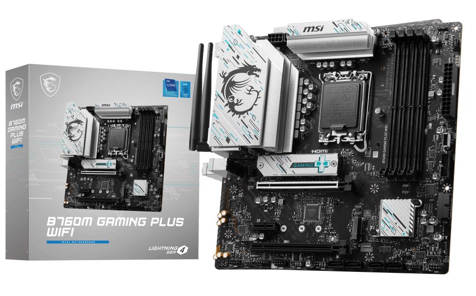 Mainboard MSI Intel B760 Express LGA1700 Micro-ATX Memory DDR5 Memory slots 4 1xPCI-Express 3.0 1x 1xPCI-Express 4.0 4x 1xPCI-Express 4.0 16x 2xM.2 2xHDMI 2xDisplayPort 2xUSB 2.0 4xUSB 3.2 1xPS/2 1xRJ45 3xAudio port B760MGAMINGPLUSWIFI