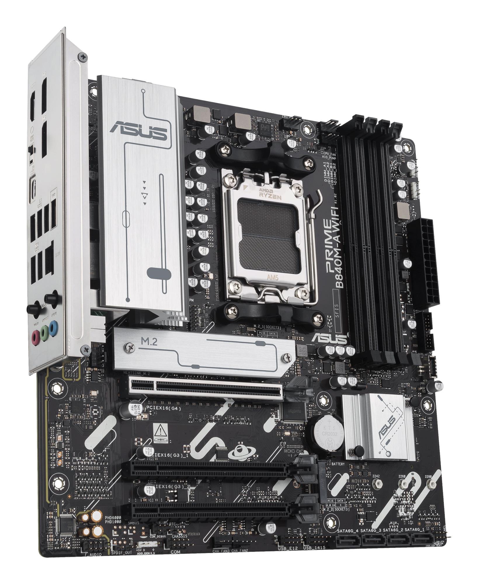 Mainboard ASUS AMD B840 SAM5 Micro-ATX Memory DDR5 Memory slots 4 2xPCI-Express 3.0 16x 1xPCI-Express 4.0 16x 3xM.2 1xHDMI 2xDisplayPort 4xUSB 2.0 2xUSB 3.2 1xUSB-C 1xRJ45 3xAudio port PRIMEB840M-AWIFI