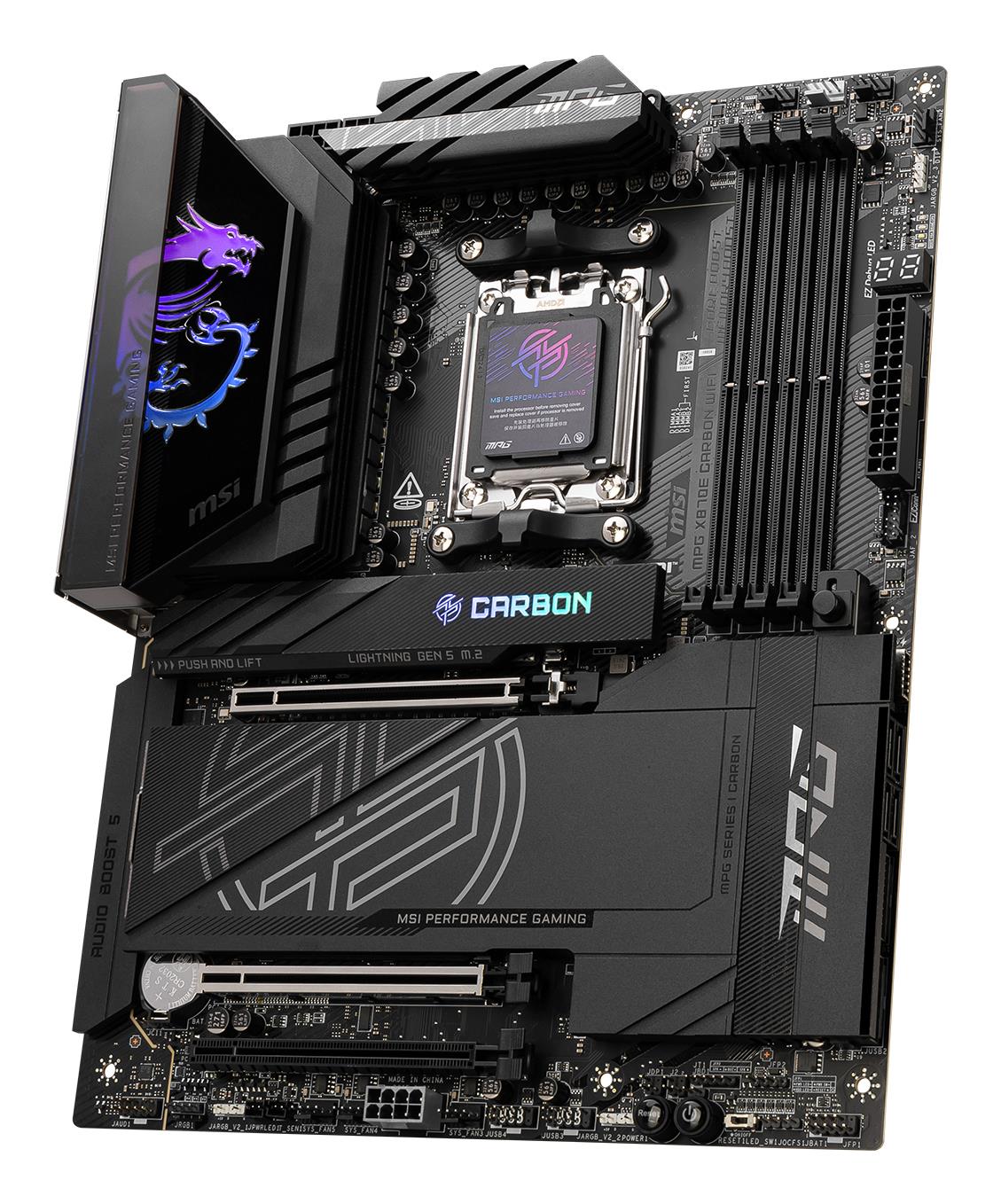 Mainboard MSI AMD X870E SAM5 ATX Memory DDR5 Memory slots 4 3xPCI-Express 16x 1xPCI-Express 4.0 4x 1xPCI-Express 5.0 4x 1xPCI-Express 5.0 16x 4xM.2 4xUSB 2.0 4xUSB 3.2 3xUSB-C 1xOptical S/PDIF 2xRJ45 2xAudio port MPGX870ECARBONWIFI
