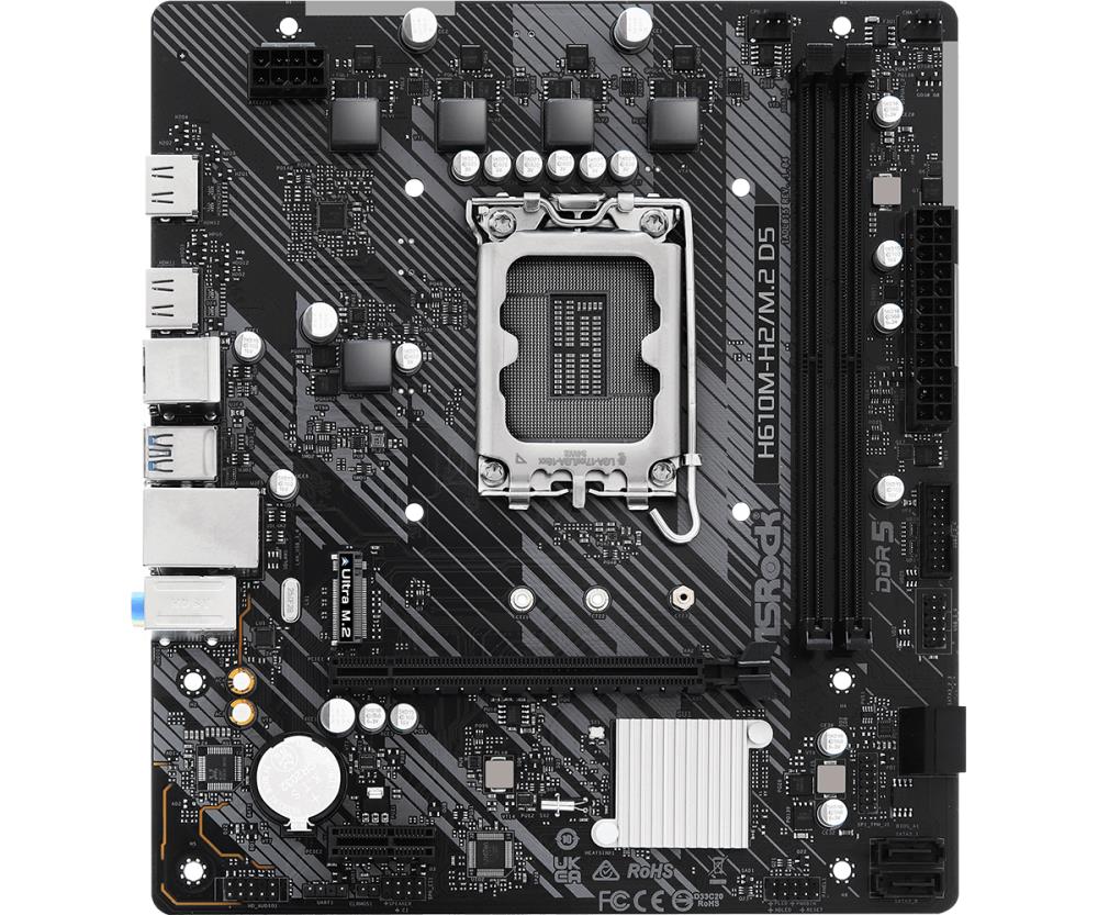 Mainboard ASROCK Intel H610 LGA1700 Micro-ATX Memory DDR5 Memory slots 2 1xPCI-Express 3.0 1x 1xPCI-Express 4.0 16x 1xM.2 2xHDMI 4xUSB 2.0 2xUSB 3.2 1xPS/2 1xRJ45 3xAudio port H610M-H2/M.2D5