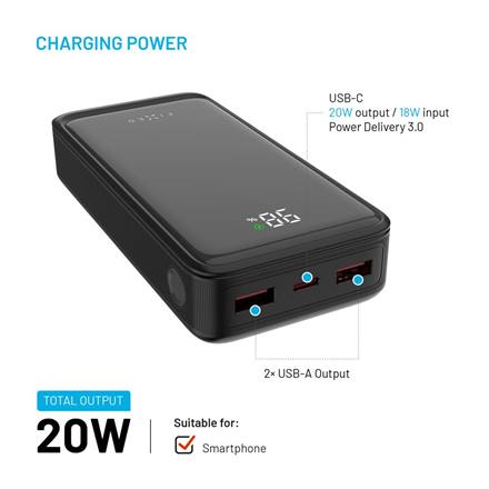 Fixed Power Bank Zen2 20 with LCD Display and PD 20W Output | 20000 mAh | Black