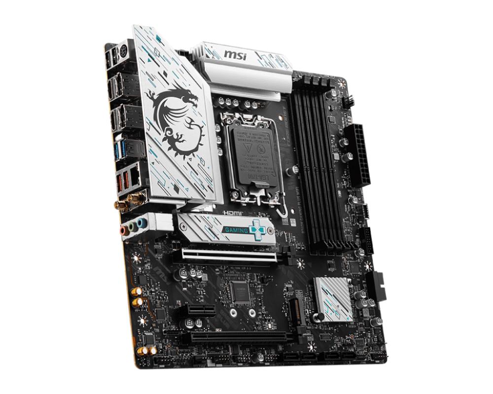 Mainboard MSI Intel B760 Express LGA1700 Micro-ATX Memory DDR5 Memory slots 4 1xPCI-Express 3.0 1x 1xPCI-Express 4.0 4x 1xPCI-Express 4.0 16x 2xM.2 2xHDMI 2xDisplayPort 2xUSB 2.0 4xUSB 3.2 1xPS/2 1xRJ45 3xAudio port B760MGAMINGPLUSWIFI