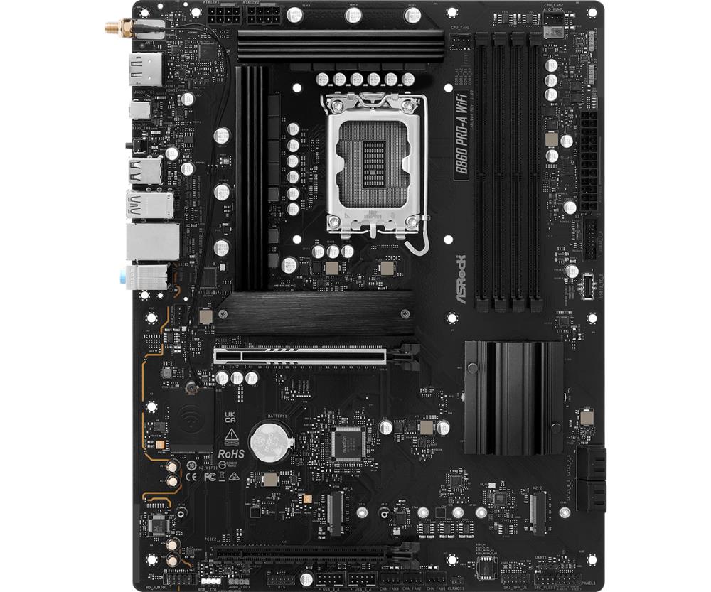 Mainboard ASROCK Intel B860 Express LGA1851 ATX Memory DDR5 Memory slots 4 1xPCI-Express 4.0 16x 1xPCI-Express 5.0 16x 1xM.2 1xHDMI 1xDisplayPort 1xAudio-In 1xAudio-Out 1xMicrophone 2xUSB 2.0 6xUSB 3.2 1xUSB-C 1xRJ45 B860PRO-AWIFI