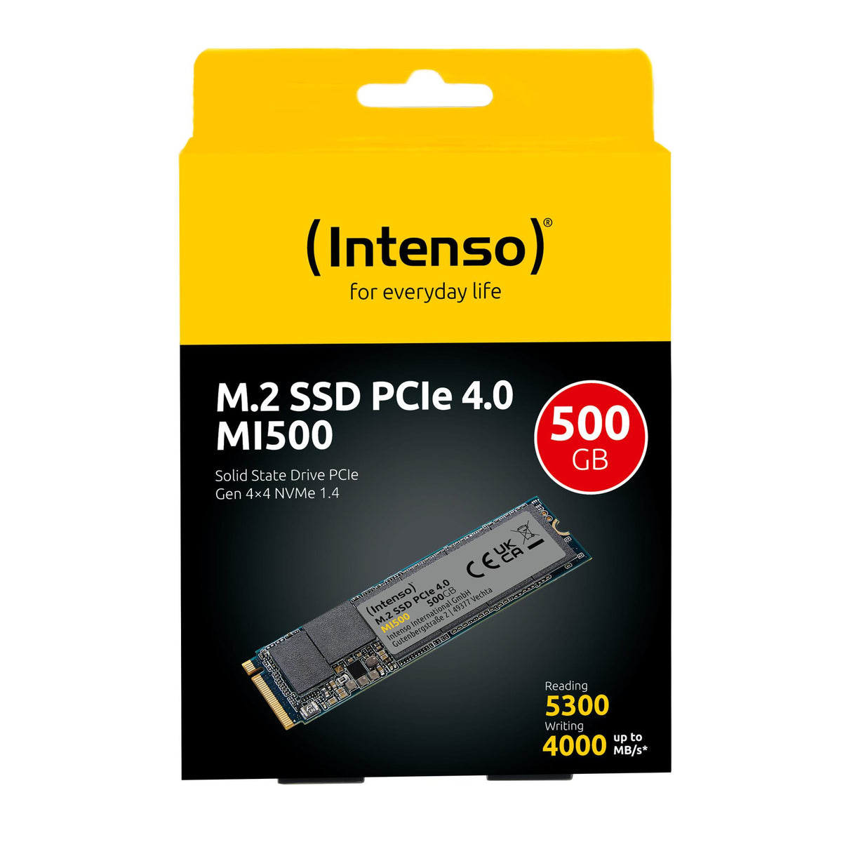 SSD INTENSO MI500 500GB M.2 NVMe 3D NAND Write speed 4000 MBytes/sec Read speed 5300 MBytes/sec 4mm TBW 300 TB MTBF 1500000 hours 3836450