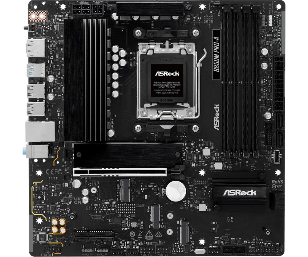 Mainboard ASROCK AMD B850 SAM5 Micro-ATX Memory DDR5 Memory slots 4 1xPCI-Express 4.0 4x 1xPCI-Express 5.0 16x 1xM.2 1xHDMI 1xDisplayPort 1xAudio-In 1xAudio-Out 1xMicrophone 4xUSB 2.0 3xUSB 3.2 1xUSB-C 1xRJ45 B850MPRO-A