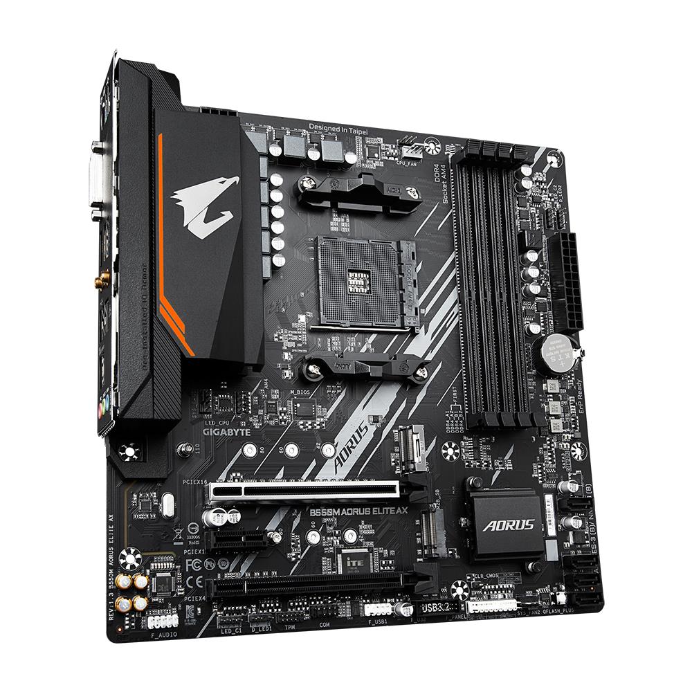 Mainboard GIGABYTE AMD B550 SAM4 Micro-ATX Memory DDR4 Memory slots 4 1xPCI-Express 3.0 1x 1xPCI-Express 3.0 4x 1xPCI-Express 4.0 16x 2xM.2 1xDVI-D 1xHDMI 4xUSB 2.0 4xUSB 3.2 1xPS/2 1xRJ45 3xAudio port B550MAORUSELITEAX1.3