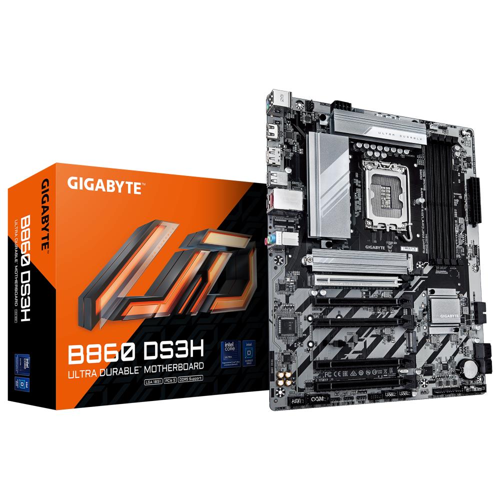 Mainboard GIGABYTE Intel B860 Express LGA1851 ATX Memory DDR5 Memory slots 4 4xPCI-Express 4.0 1x 1xPCI-Express 5.0 16x 2xM.2 1xHDMI 1xDisplayPort 4xUSB 2.0 1xUSB-C 1xPS/2 1xRJ45 3xAudio port B860DS3H