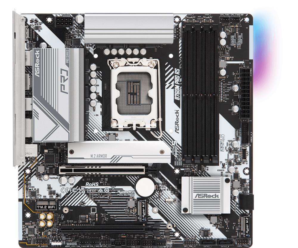 Mainboard ASROCK Intel B760 Express LGA1700 Micro-ATX Memory DDR5 Memory slots 4 1xPCI-Express 3.0 16x 1xPCI-Express 5.0 16x 1xM.2 1xHDMI 1xDisplayPort 2xUSB 2.0 3xUSB 3.2 1xUSB-C 1xPS/2 1xRJ45 3xAudio port B760MPRORS