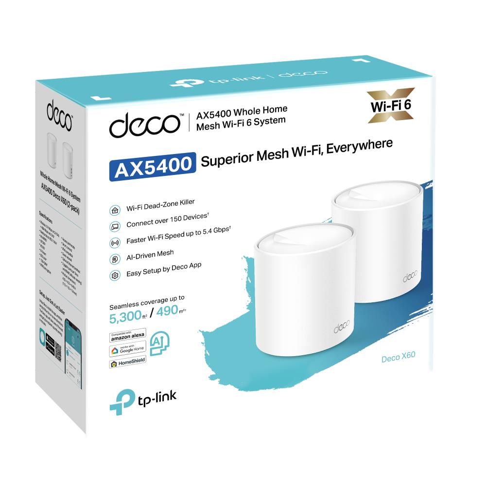 Wireless Router TP-LINK Wireless Router 2-pack 5400 Mbps Mesh IEEE 802.11a IEEE 802.11n IEEE 802.11ac IEEE 802.11ax 2x10/100/1000M DECOX60(2-PACK)
