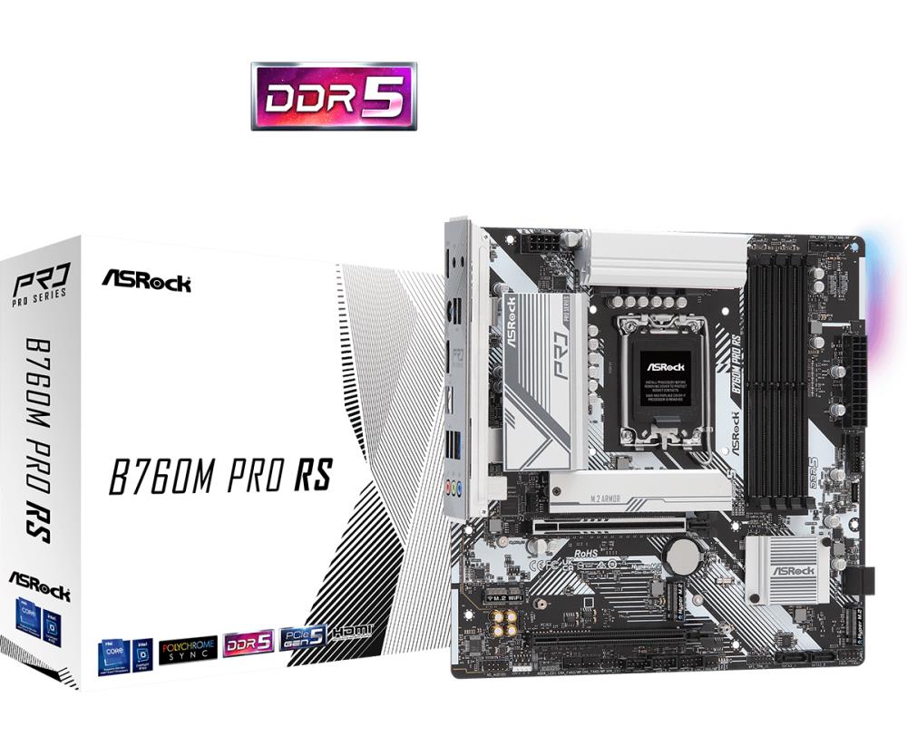 Mainboard ASROCK Intel B760 Express LGA1700 Micro-ATX Memory DDR5 Memory slots 4 1xPCI-Express 3.0 16x 1xPCI-Express 5.0 16x 1xM.2 1xHDMI 1xDisplayPort 2xUSB 2.0 3xUSB 3.2 1xUSB-C 1xPS/2 1xRJ45 3xAudio port B760MPRORS