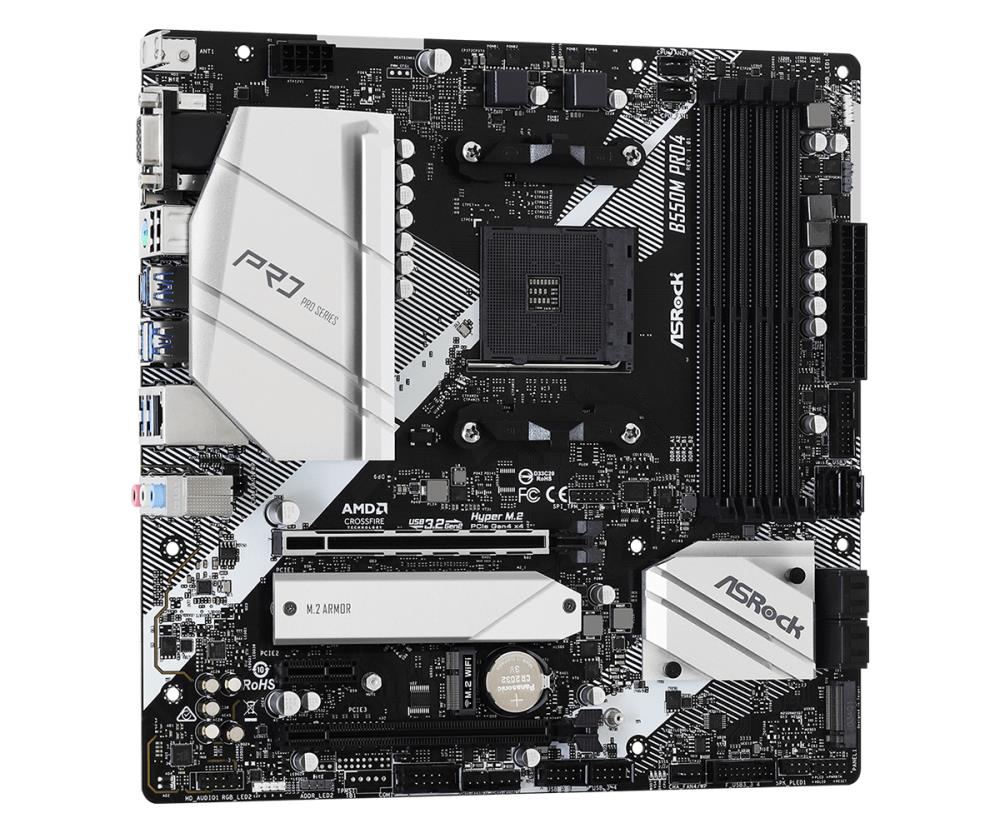 Mainboard ASROCK AMD B550 SAM4 MicroATX 1xPCI-Express 3.0 1x 1xPCI-Express 3.0 16x 1xM.2 1xPCI-Express 4.0 16x Memory DDR4 Memory slots 4 1x15pin D-sub 1xHDMI 1xDisplayPort 2xUSB 2.0 1xUSB type C 5xUSB 3.2 1xPS/2 1xRJ45 3xAudio port B550MPRO4
