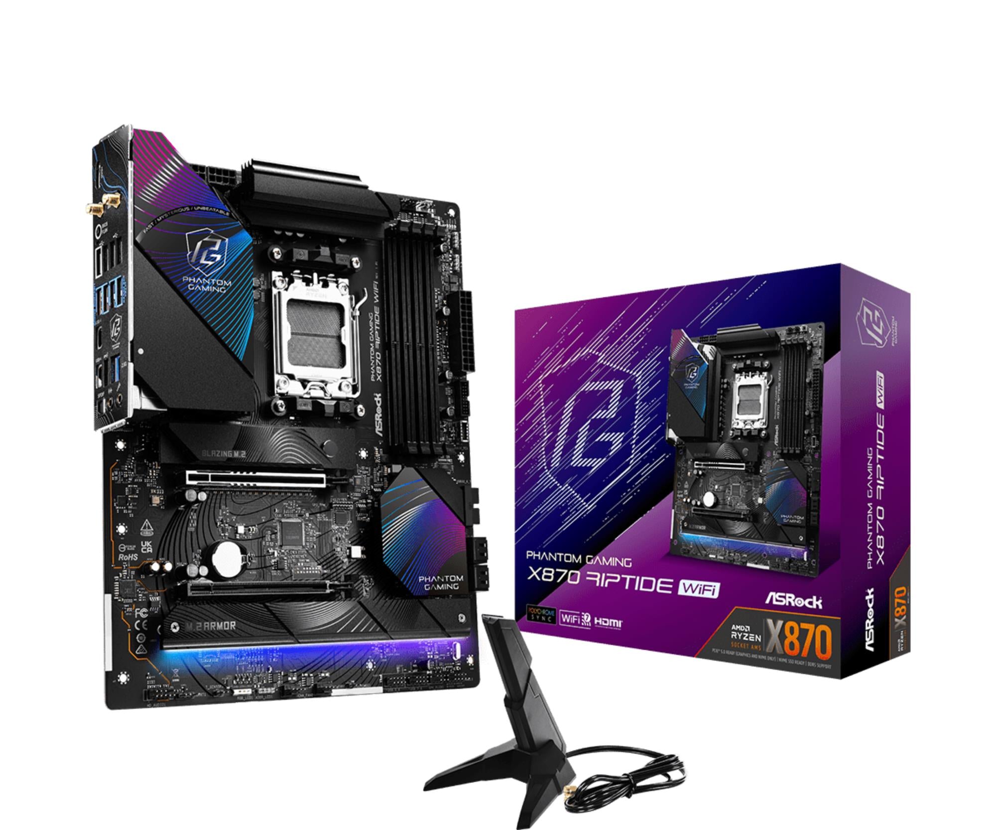 Mainboard ASROCK AMD X870 SAM5 ATX Memory DDR5 Memory slots 4 1xPCI-Express 4.0 16x 1xPCI-Express 5.0 16x 4xM.2 1xHDMI 4xUSB 2.0 5xUSB 3.2 2xUSB-C 1xOptical S/PDIF 1xRJ45 2xAudio port X870RIPTIDEWIFI