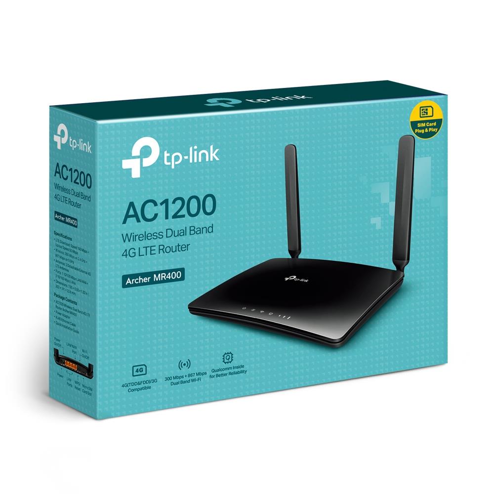 Wireless Router TP-LINK Router / Modem 1200 Mbps IEEE 802.11a IEEE 802.11 b/g IEEE 802.11n IEEE 802.11ac 3x10/100M LAN \ WAN ports 1 Number of antennas 2 4G ARCHERMR400