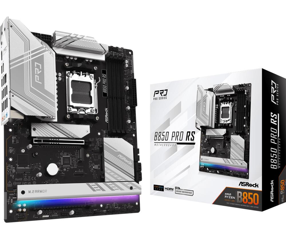 Mainboard ASROCK AMD B850 SAM5 ATX Memory DDR5 Memory slots 4 1xPCI-Express 4.0 16x 1xPCI-Express 5.0 16x 1xM.2 1xHDMI 1xAudio-In 1xAudio-Out 1xMicrophone 6xUSB 2.0 5xUSB 3.2 1xUSB-C 1xRJ45 B850PRORS