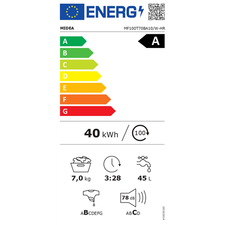 Midea | Washing Machine | MF100T70BA10/W-HR | Energy efficiency class A | Top loading | Washing capacity 7 kg | 1200 RPM