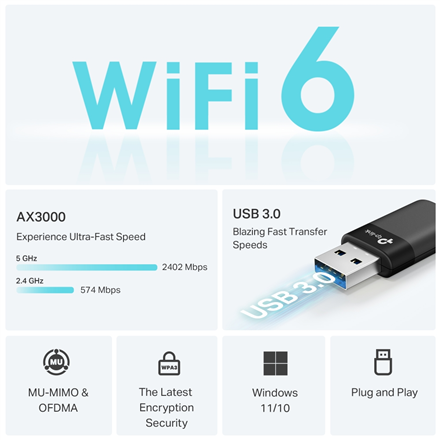 TP-LINK AX3000 Dual Band Wi-Fi 6 Wireless USB Adapter | Archer TX50U | 2.4 GHz, 5 GHz | 802.11ax | MU-MiMO No | no PoE |