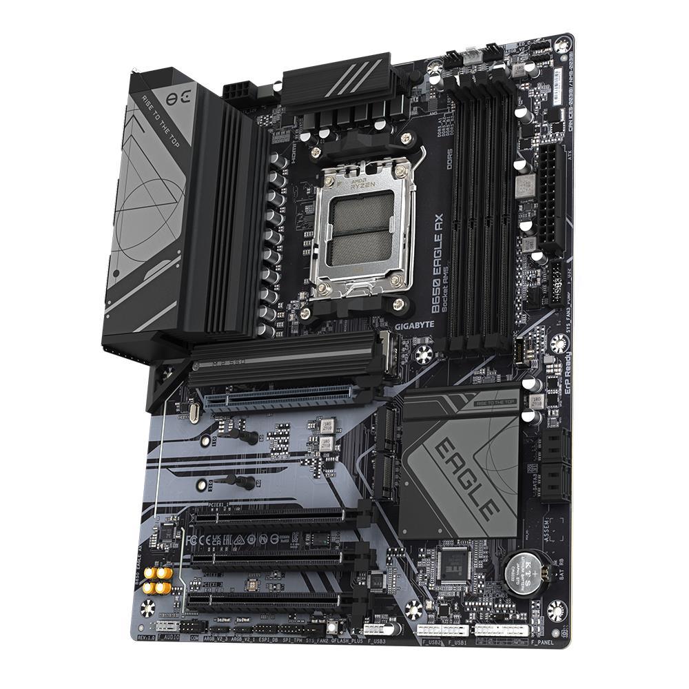 Mainboard GIGABYTE AMD B650 SAM5 ATX Memory DDR5 Memory slots 4 1xPCI-Express 16x 3xPCI-Express 3.0 16x 3xM.2 2xHDMI 1xDisplayPort 6xUSB 2.0 2xUSB 3.2 1xUSB-C 1xRJ45 3xAudio port B650EAGLEAX1.1