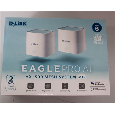 SALE OUT. D-Link M15-2 EAGLE PRO AI AX1500 Mesh System D-Link EAGLE PRO AI AX1500 Mesh System M15-2 (2-pack) 802.11ax 12