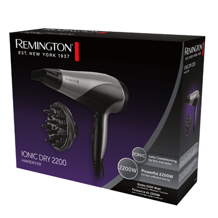 Remington Hair Dryer | D3190S | 2200 W | Number of temperature settings 3 | Ionic function | Diffuser nozzle | Grey/Blac