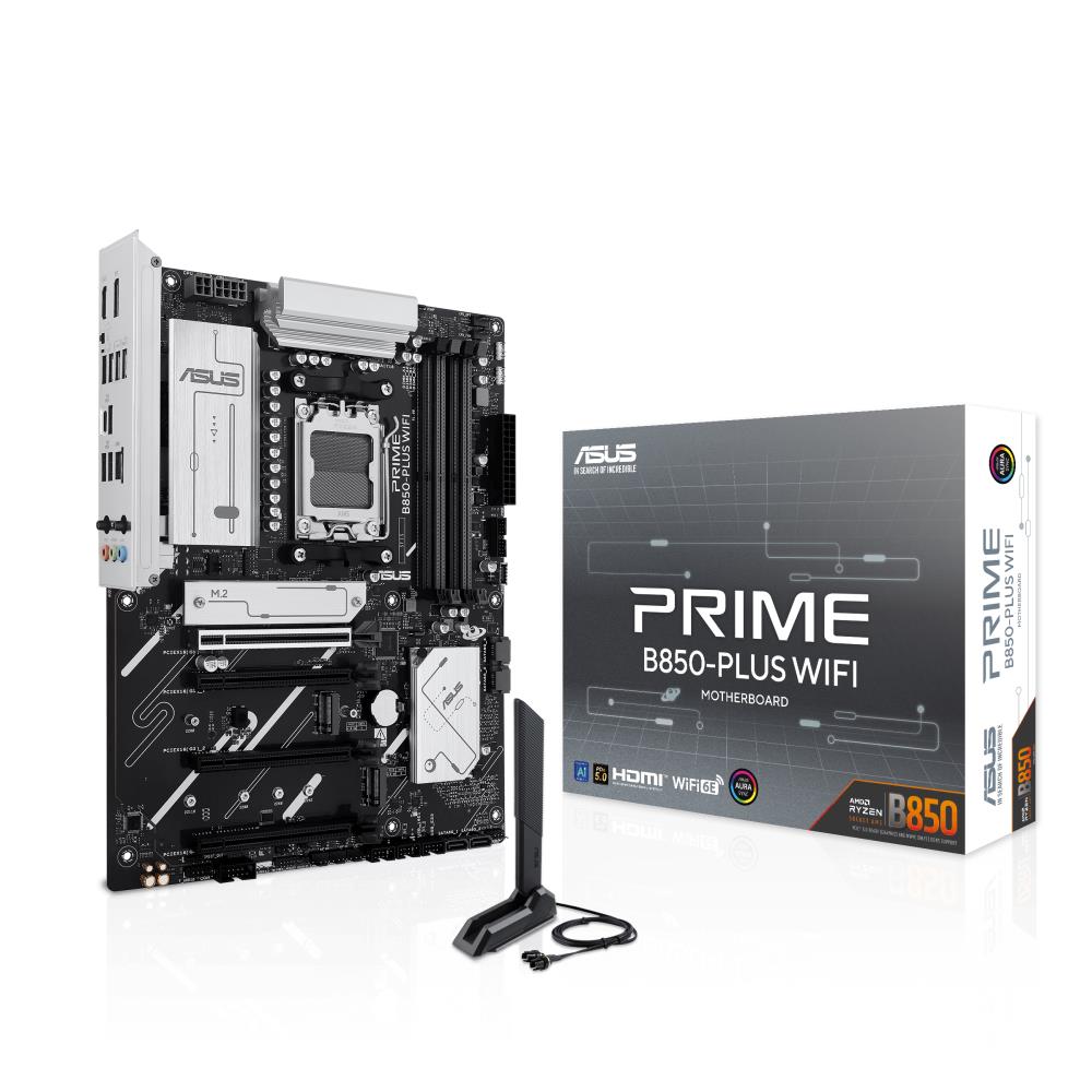 Mainboard ASUS AMD B850 SAM5 ATX Memory DDR5 Memory slots 4 2xPCI-Express 3.0 16x 1xPCI-Express 4.0 16x 1xPCI-Express 5.0 16x 3xM.2 1xHDMI 1xDisplayPort 3xUSB 2.0 5xUSB 3.2 type B 2xUSB-C 3xAudio port PRIMEB850-PLUSWIFI