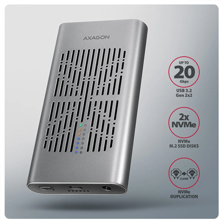 AXAGON USB-C 20Gbps Dual M.2 NVMe SSD CLONE MASTER Enclosure | EEM2-20GD