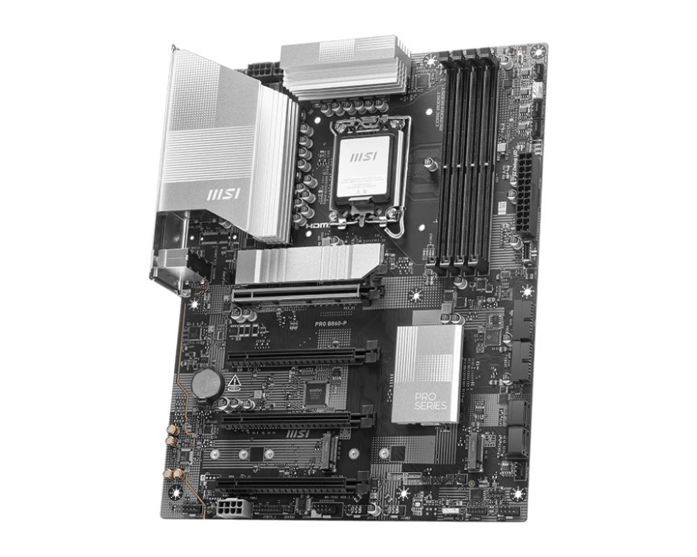 Mainboard MSI Intel B860 Express LGA1851 ATX Memory DDR5 Memory slots 4 4xPCI-Express 16x 1xHDMI 1xDisplayPort 1xAudio-In 1xAudio-Out 1xMicrophone 4xUSB 2.0 2xUSB 3.0 2xUSB 3.2 1xUSB-C w/Thunderbolt 1xRJ45 PROB860-P
