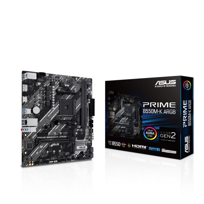 Mainboard ASUS AMD B550 SAM4 Micro-ATX Memory DDR4 Memory slots 2 1xPCI-Express 3.0 1x 1xPCI-Express 3.0 16x 1xPCI-Express 4.0 16x 1xM.2 1xHDMI 1xDisplayPort 1xAudio-In 1xAudio-Out 1xMicrophone 2xUSB 2.0 4xUSB 3.2 1xPS/2 1xRJ45 PRIMEB550M-KARGB