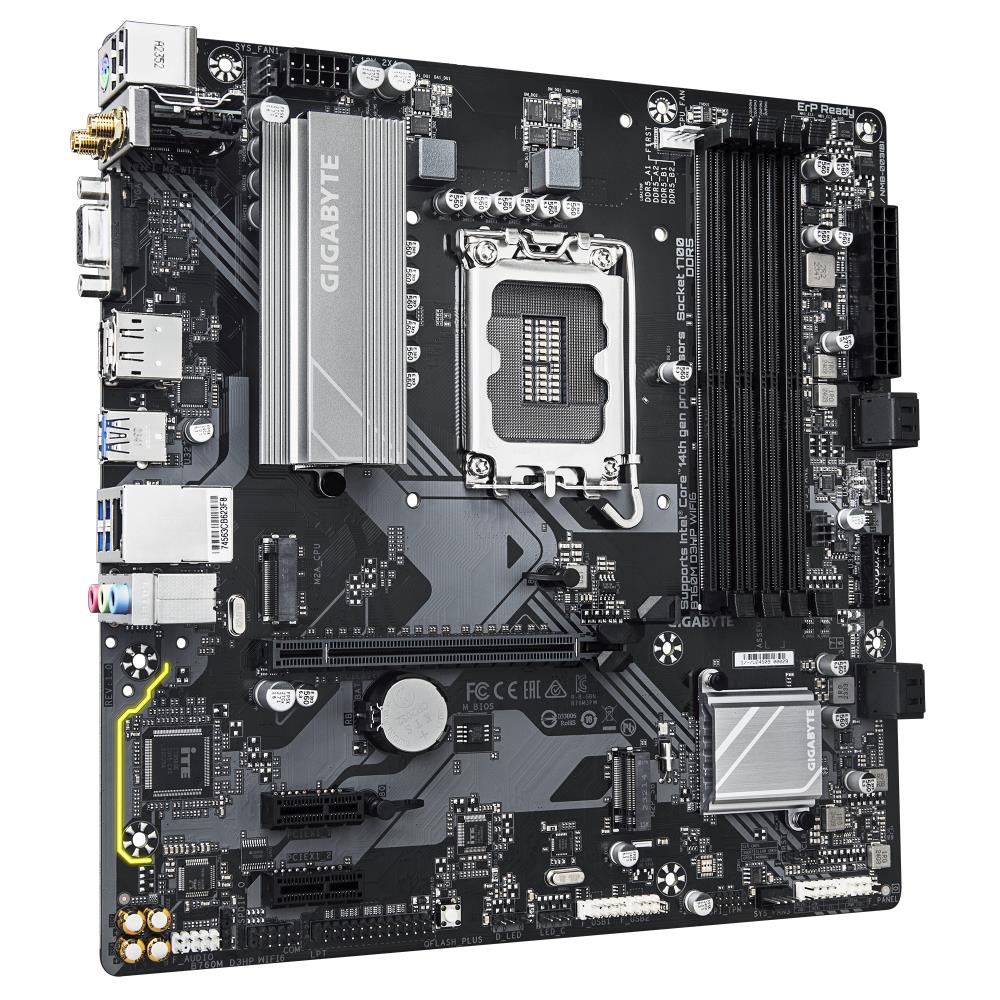Mainboard GIGABYTE Intel B760 Express LGA1700 Micro-ATX Memory DDR5 Memory slots 4 2xPCI-Express 3.0 1x 1xPCI-Express 4.0 16x 2xM.2 1x15pin D-sub 1xHDMI 1xDisplayPort 2xUSB 2.0 3xUSB 3.2 1xUSB-C 1xPS/2 1xRJ45 3xAudio port B760MD3HPWIFI61.0