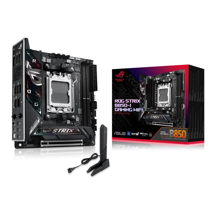 Mainboard ASUS AMD B850 SAM5 Mini-ITX Memory DDR5 Memory slots 2 1xPCI-Express 4.0 16x 1xPCI-Express 5.0 16x 2xM.2 1xHDMI 1xAudio-In 1xAudio-Out 1xMicrophone 2xUSB 2.0 5xUSB 3.2 1xUSB-C 1xOptical S/PDIF 1xRJ45 STRIXB850-IGAMINGWIFI