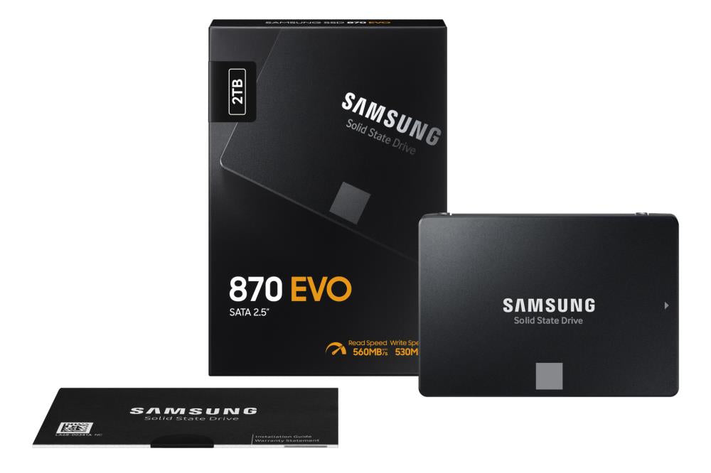 SSD SAMSUNG 870 EVO 2TB SATA SATA 3.0 MLC Write speed 530 MBytes/sec Read speed 560 MBytes/sec 2,5" TBW 1200 TB MTBF 1500000 hours MZ-77E2T0B/EU