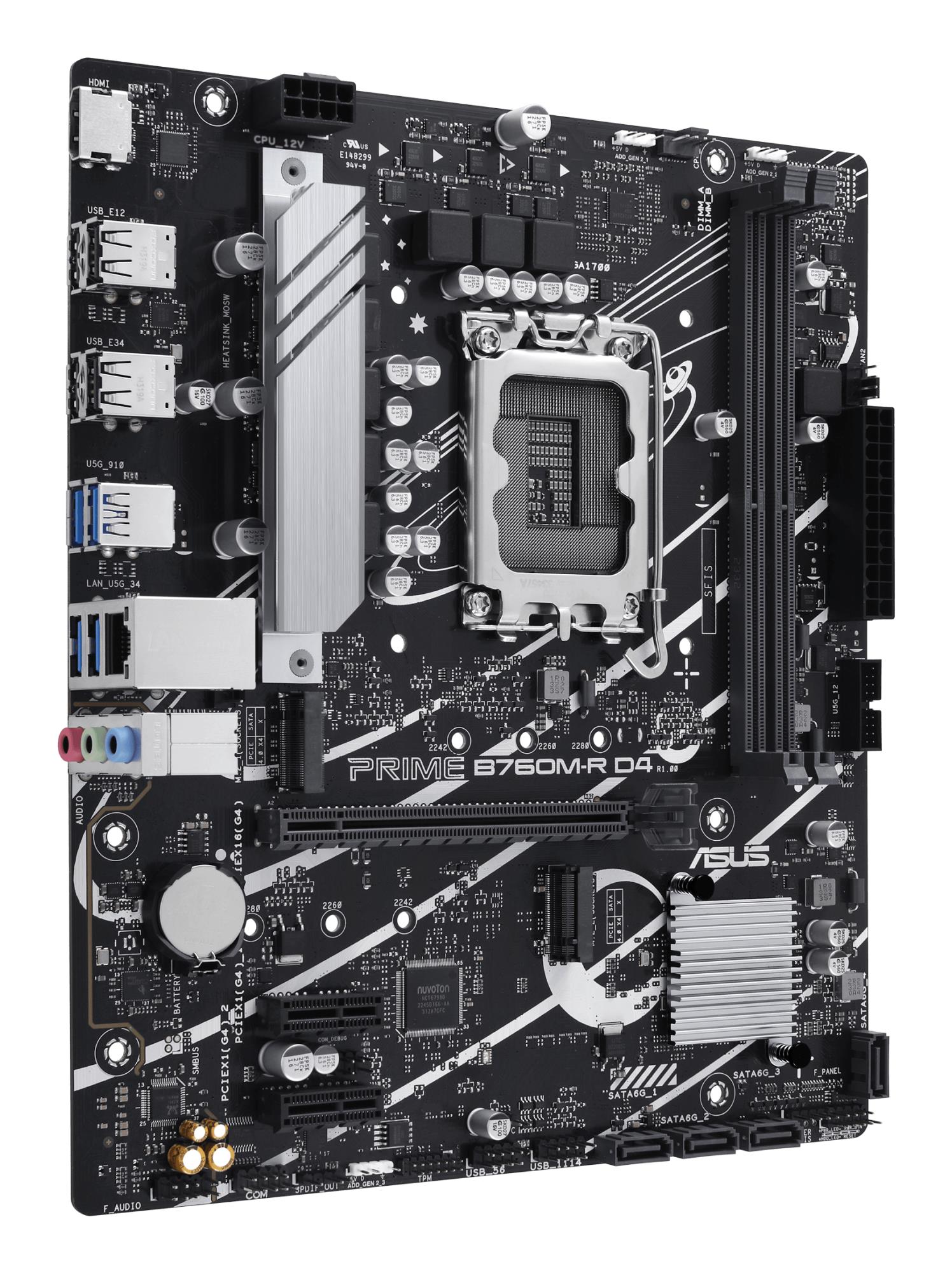 Mainboard ASUS Intel B760 Express LGA1700 Micro-ATX Memory DDR4 Memory slots 2 2xPCI-Express 4.0 1x 1xPCI-Express 4.0 16x 2xM.2 1x15pin D-sub 1xHDMI 4xUSB 2.0 4xUSB 3.2 1xOptical S/PDIF 3xAudio port PRIMEB760M-RD4
