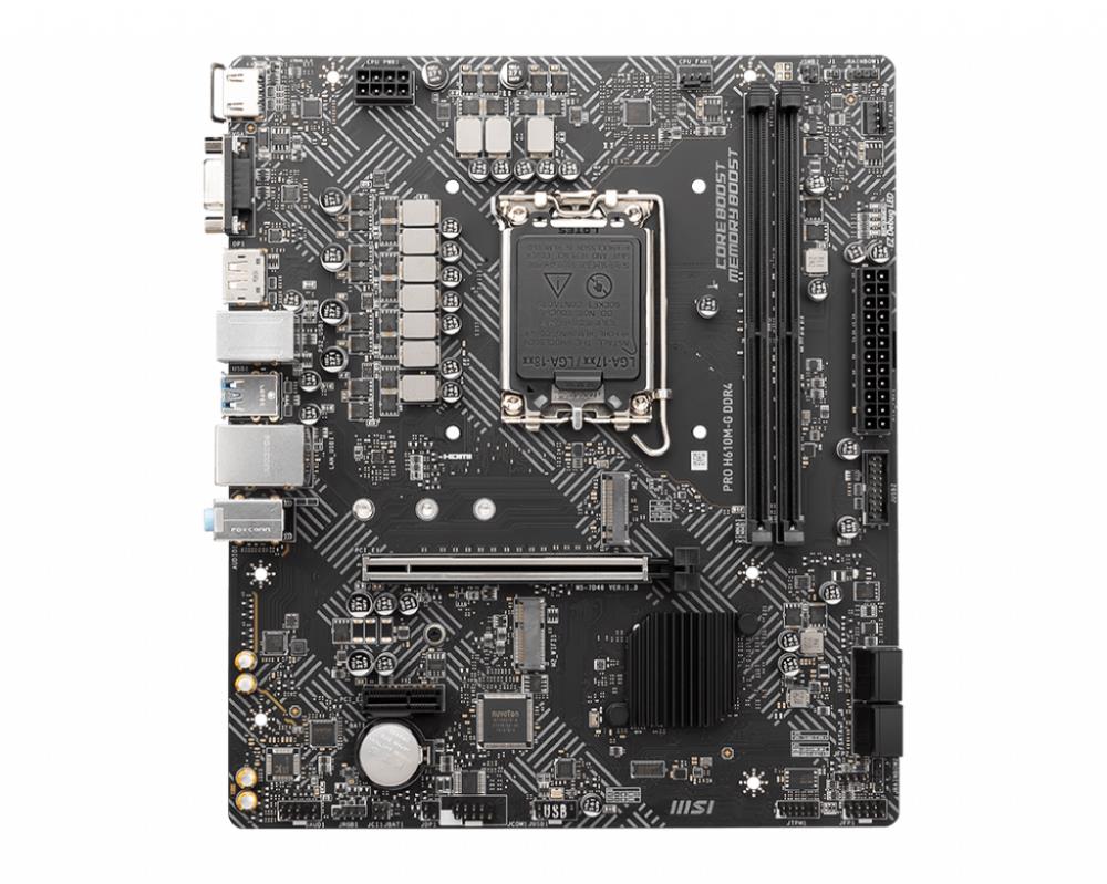 Mainboard MSI Intel H610 LGA1700 MicroATX Memory DDR4 Memory slots 2 1xPCI-Express 3.0 1x 1xPCI-Express 4.0 16x 1xM.2 1x15pin D-sub 1xHDMI 1xDisplayPort 2xAudio-In 1xAudio-Out 4xUSB 2.0 2xUSB 3.2 1xPS/2 1xRJ45 PROH610M-GDDR4