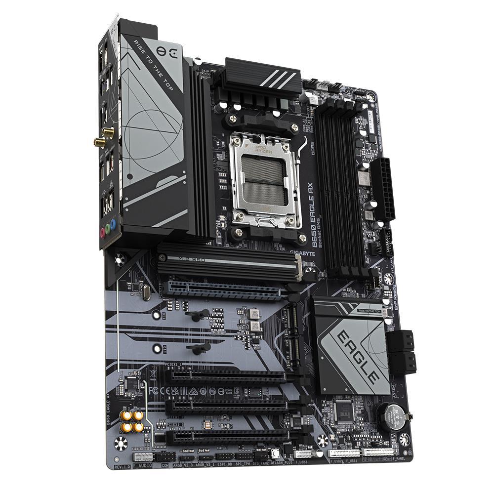 Mainboard GIGABYTE AMD B650 SAM5 ATX Memory DDR5 Memory slots 4 1xPCI-Express 16x 3xPCI-Express 3.0 16x 3xM.2 2xHDMI 1xDisplayPort 6xUSB 2.0 2xUSB 3.2 1xUSB-C 1xRJ45 3xAudio port B650EAGLEAX1.1