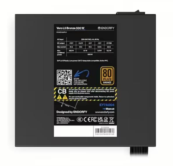 Power Supply ENDORFY Vero L5 Bronze 500 W 500 Watts Efficiency 80 PLUS BRONZE MTBF 80000 hours EY7A004