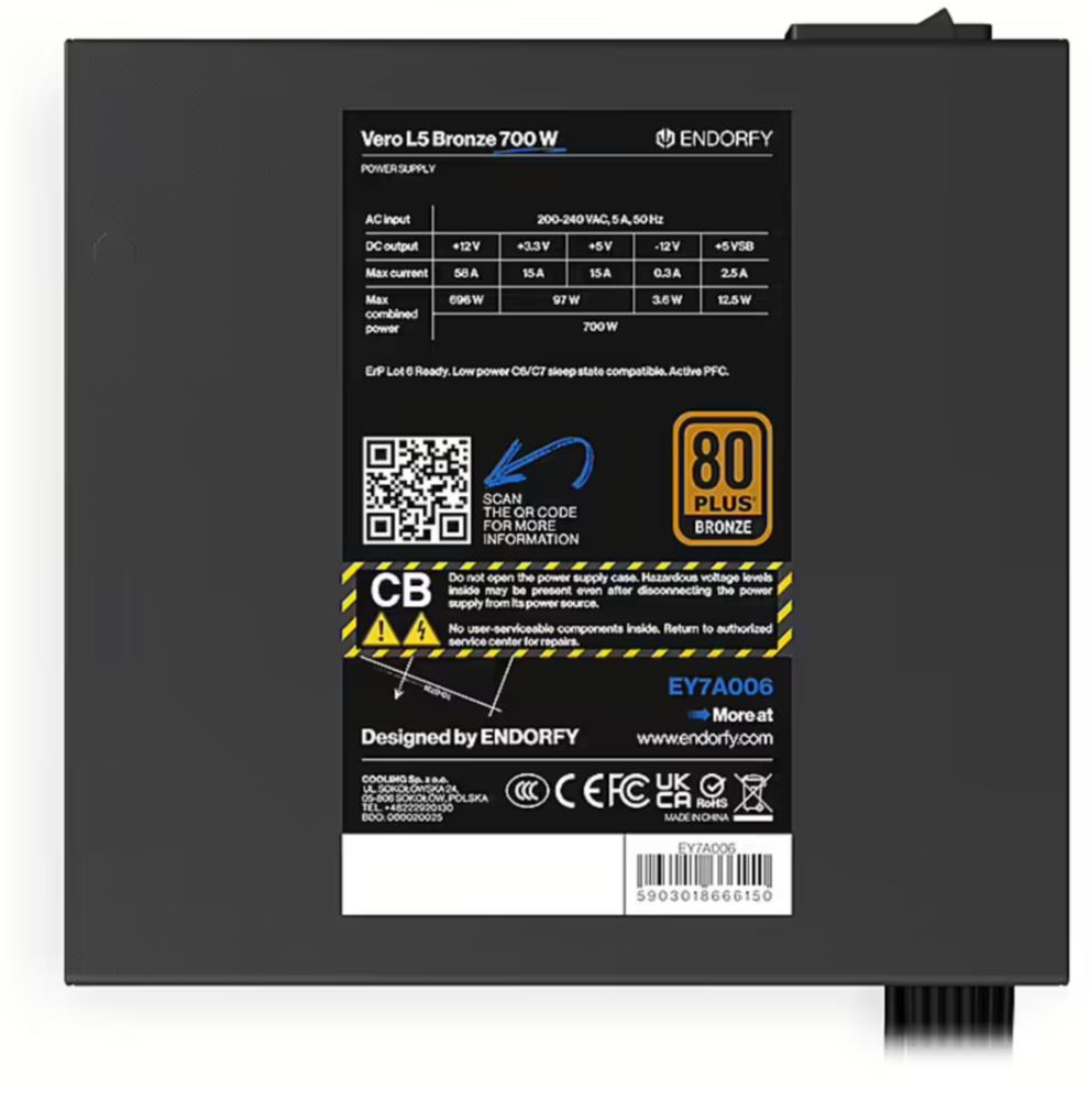 Power Supply ENDORFY Vero L5 Bronze 700 W 700 Watts Efficiency 80 PLUS BRONZE MTBF 80000 hours EY7A006