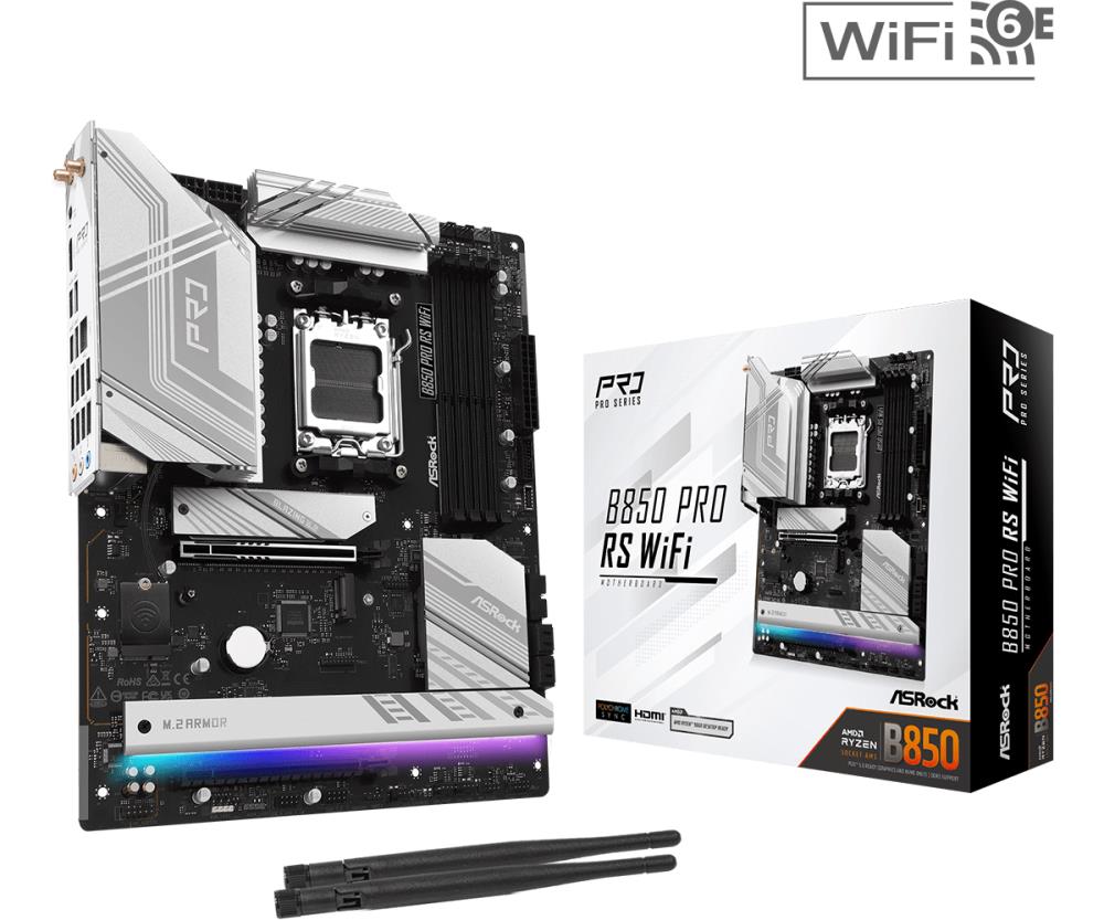 Mainboard ASROCK AMD B850 SAM5 ATX Memory DDR5 Memory slots 4 1xPCI-Express 4.0 16x 1xPCI-Express 5.0 16x 1xM.2 1xHDMI 1xAudio-In 1xAudio-Out 1xMicrophone 6xUSB 2.0 4xUSB 3.2 2xUSB-C 1xRJ45 B850PRORSWIFI