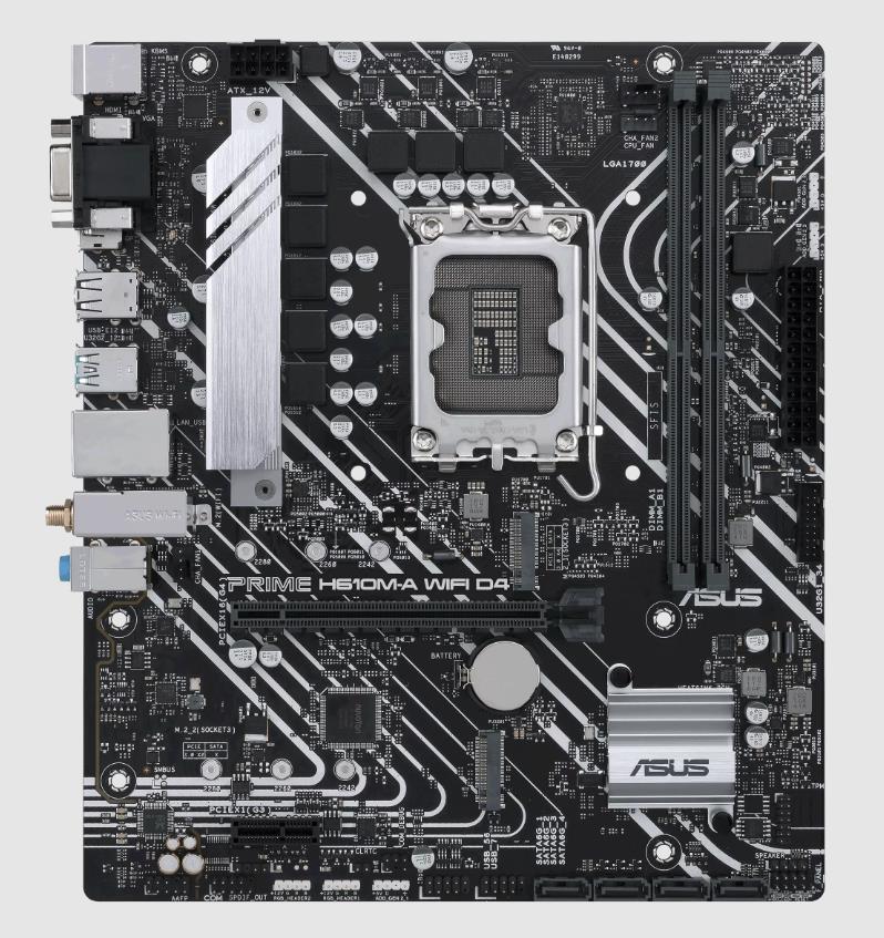 Mainboard ASUS Intel H610 LGA1700 Micro-ATX Memory DDR4 Memory slots 2 1xPCI-Express 3.0 1x 1xPCI-Express 4.0 16x 2xM.2 1x15pin D-sub 1xHDMI 1xDisplayPort 2xAudio-In 1xAudio-Out 4xUSB 2.0 2xUSB 3.2 2xPS/2 1xRJ45 2xRF-Out H610M-AWIFID4