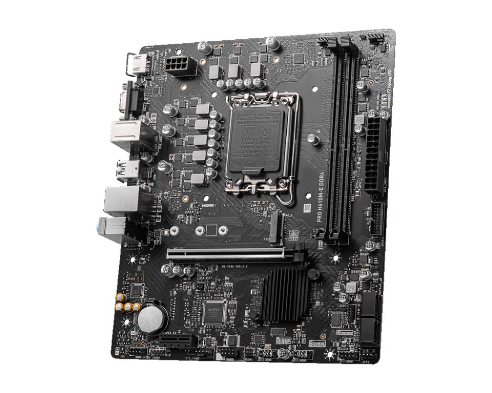 Mainboard MSI Intel H610 LGA1700 MicroATX Memory DDR4 Memory slots 2 1xPCI-Express 1x 1xPCI-Express 16x 1xM.2 1x15pin D-sub 1xHDMI 4xUSB 2.0 2xUSB 3.2 1xPS/2 1xRJ45 3xAudio port PROH610M-EDDR4