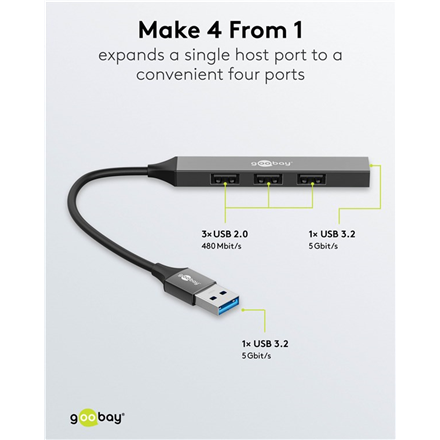 Goobay Slim 4-Port USB Hub, USB-A to USB-A, 5 Gbit/s | 74456