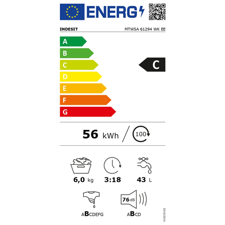 INDESIT | Washing machine | MTWSA 61294 WK EE | Energy efficiency class C | Front loading | Washing capacity 6 kg | 1150