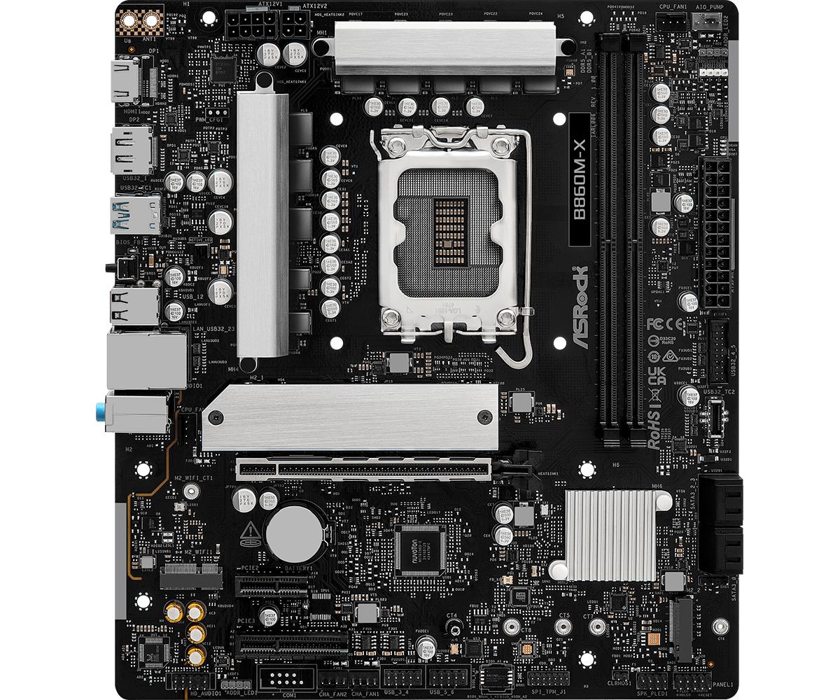 Mainboard ASROCK Intel B860 Express LGA1851 Micro-ATX Memory DDR5 Memory slots 2 1xPCI-Express 4.0 1x 1xPCI-Express 4.0 4x 1xPCI-Express 4.0 16x 1xM.2 1xHDMI 1xDisplayPort 1xAudio-In 1xAudio-Out 1xMicrophone 2xUSB 2.0 3xUSB 3.2 1xUSB-C 1xRJ45 B860M-X