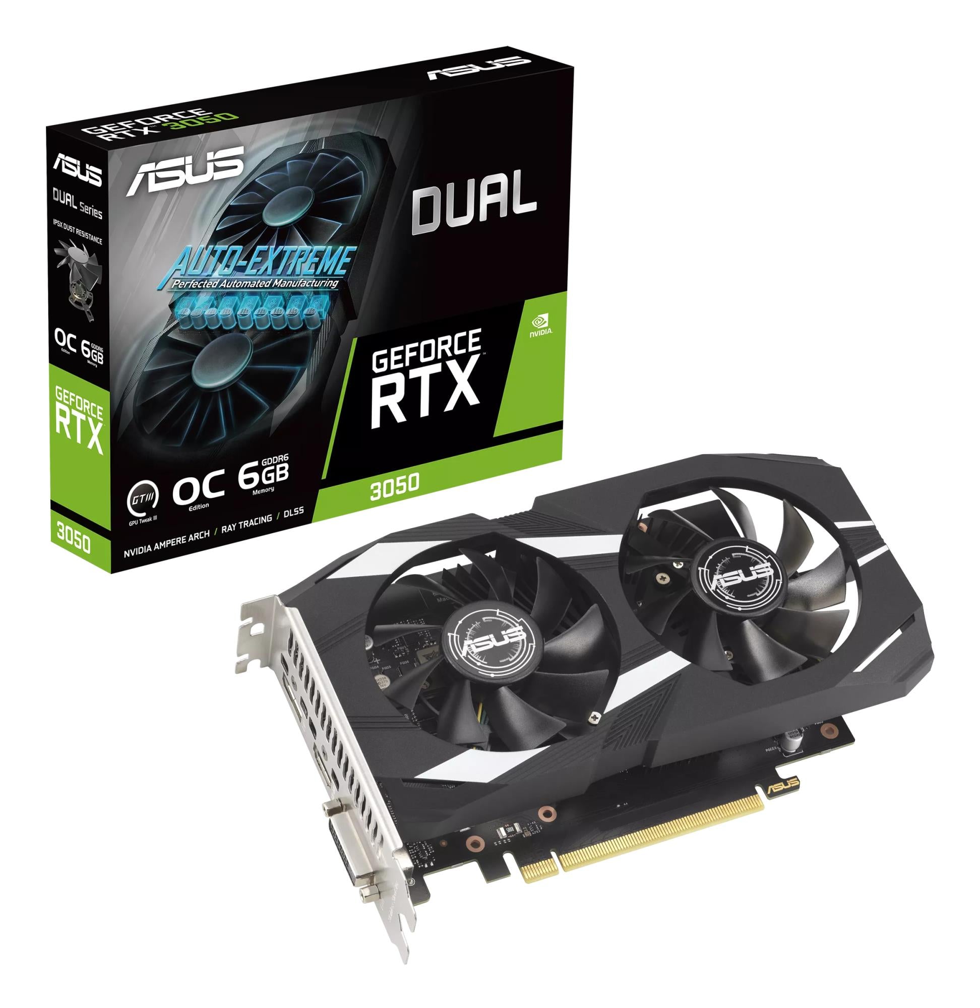 Graphics Card ASUS NVIDIA GeForce RTX 3050 6 GB GDDR6 96 bit PCIE 4.0 16x Dual Slot Fansink 1xDVI-D 1xHDMI 1xDisplayPort DUAL-RTX3050-O6G
