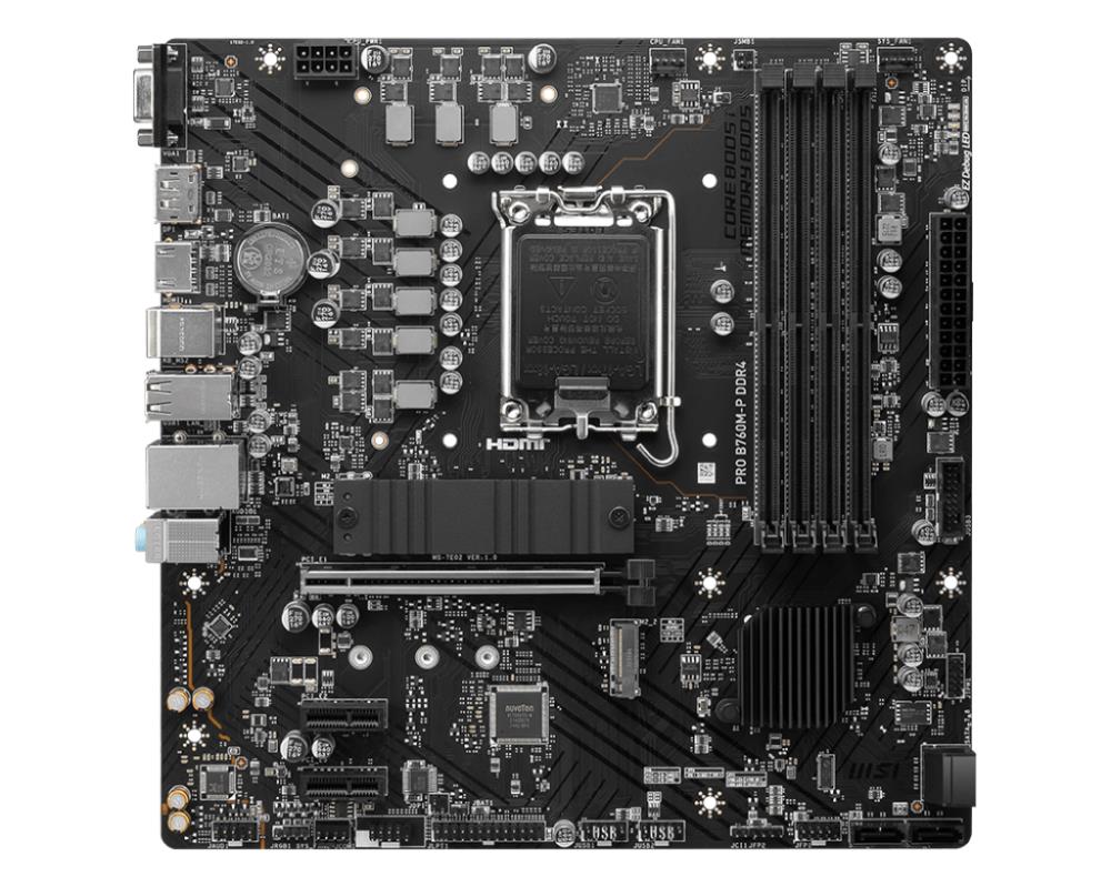 Mainboard MSI Intel B760 Express LGA1700 Micro-ATX Memory DDR4 Memory slots 4 2xPCI-Express 1x 1xPCI-Express 16x 2xM.2 1x15pin D-sub 1xHDMI 1xDisplayPort 4xUSB 2.0 1xUSB 3.2 1xUSB-C 2xPS/2 1xRJ45 3xAudio port PROB760M-PDDR4